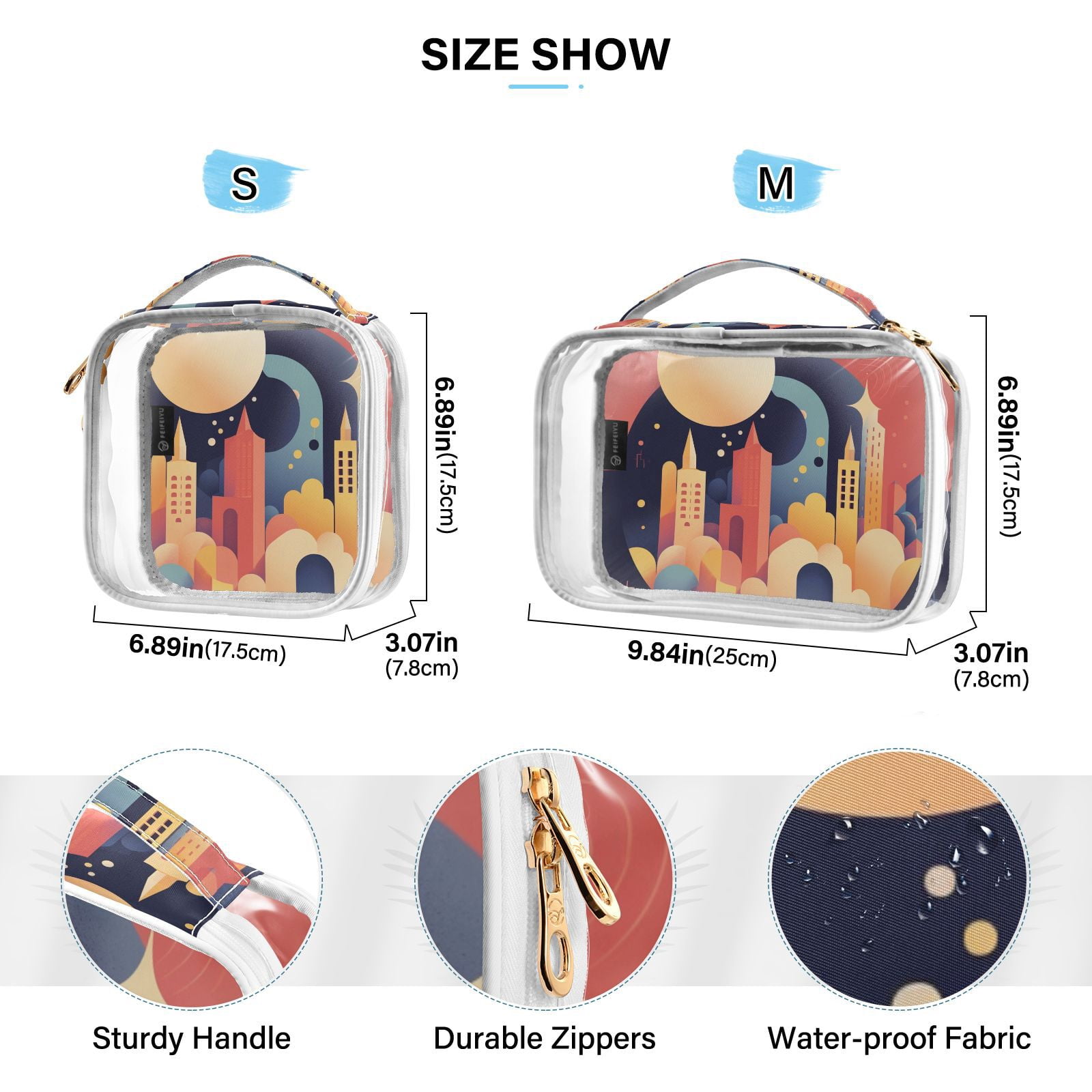 Clear Makeup Bags with Handle Large Opening 2 Pack Set Toiletry Bag Quart Size Bag, for Women Man Traveling Travel Essentials, Toiletries and Other. City Illustration