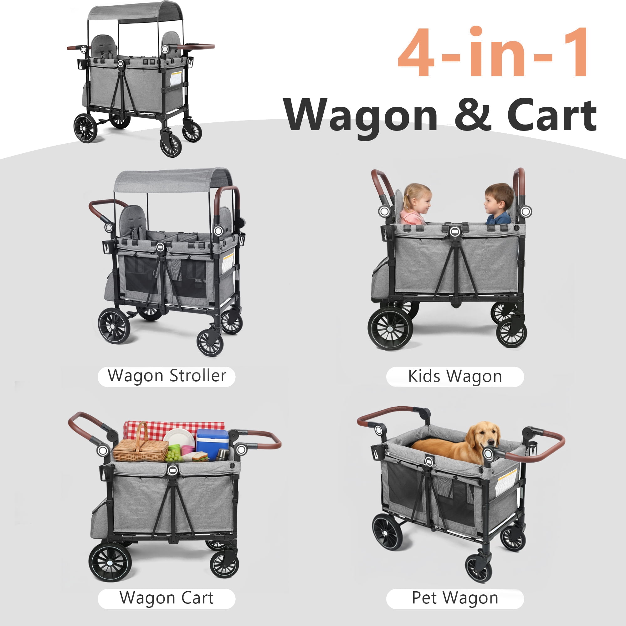AILEEKISS Stroller Wagon for 2 Toddlers with Canopy, All-Terrain Baby Wagon Stroller,55 Pounds, Grey