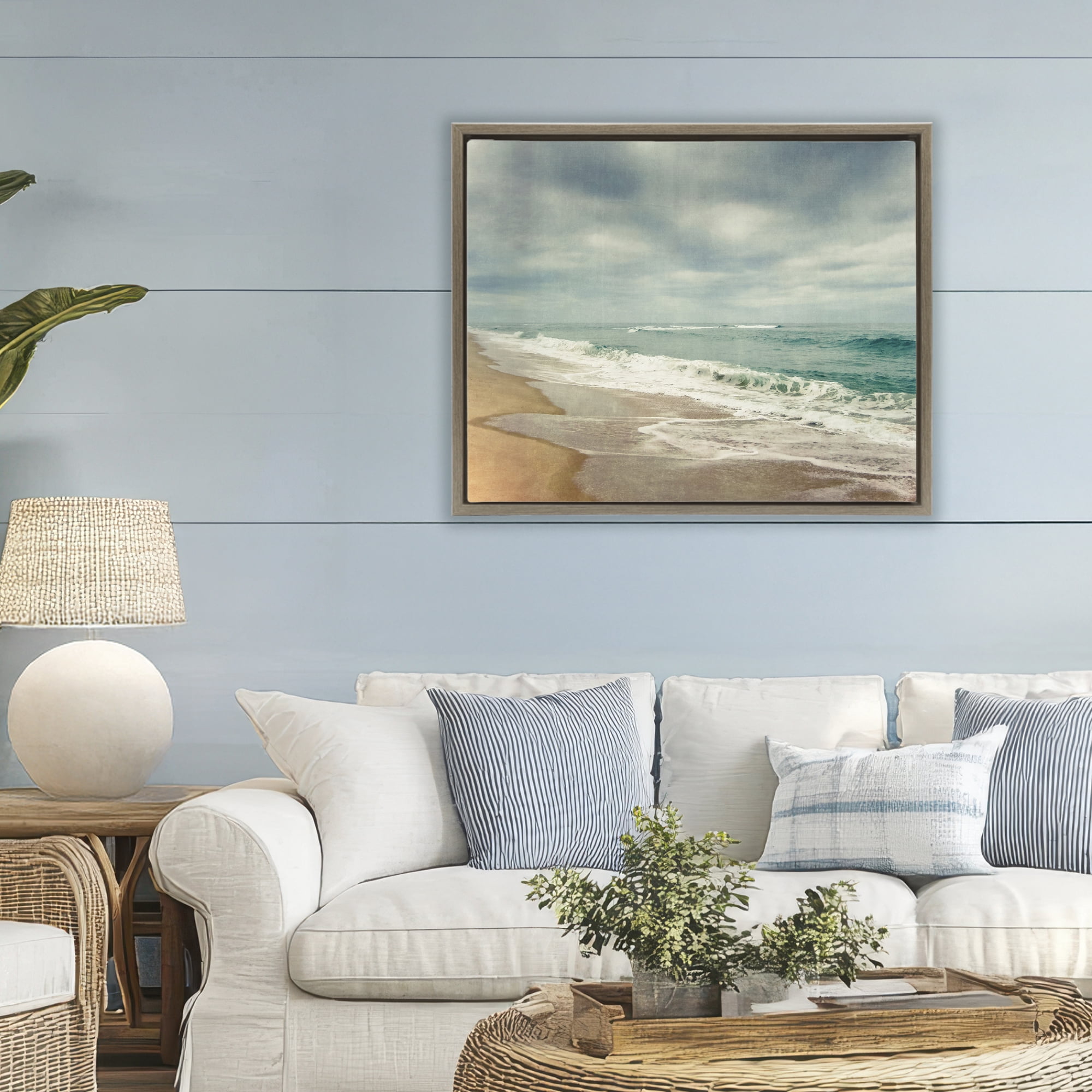Stupell Industries Tranquil Waves Along Sandy Coast Brown Framed Floater Canvas Wall Art, design by Dirk Wüstenhagen