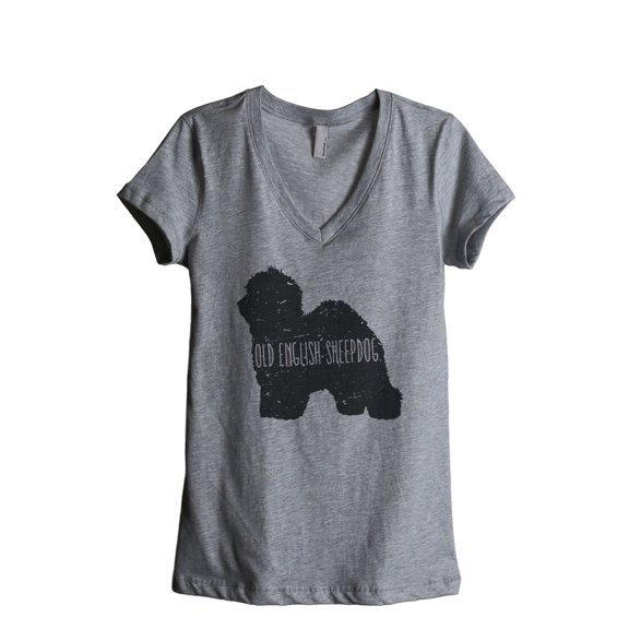 Thread Tank Old English Sheepdog Dog Silhouette Women's Relaxed V-Neck T-Shirt Tee Heather Grey Small