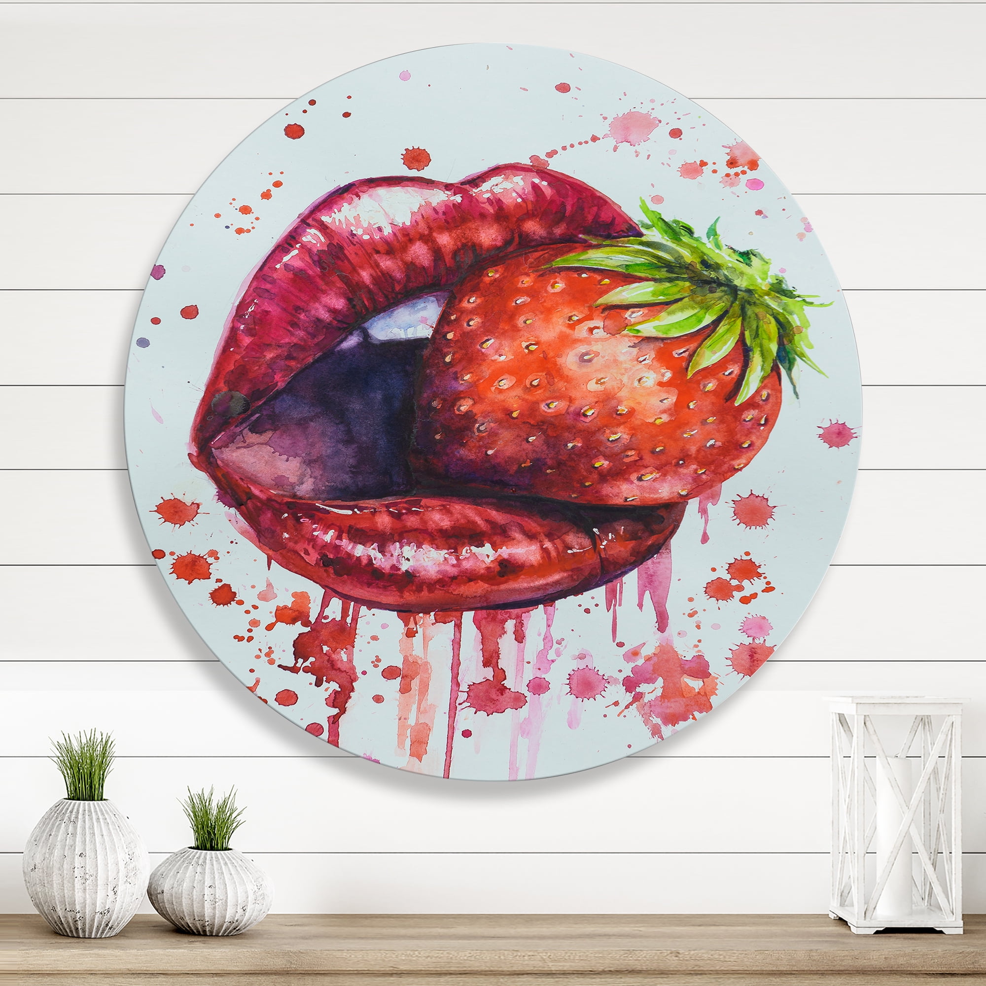 Designart 'Red Girl Lips Eating A Strawberry' Modern Circle Metal Wall Art 11x11 - Disc of 11
