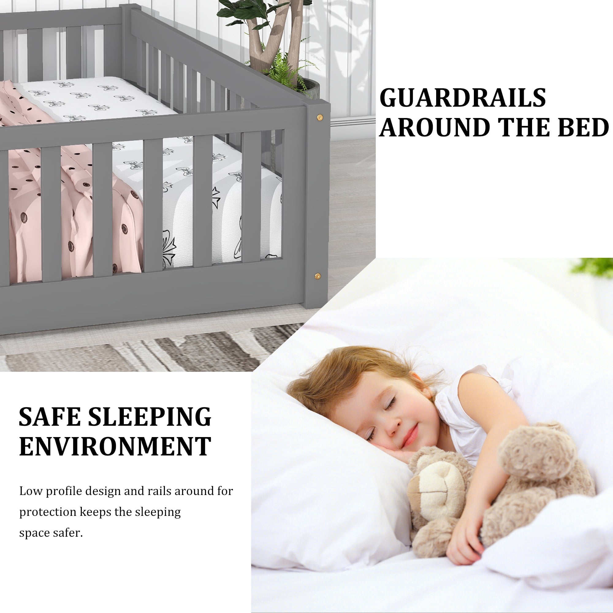 Twin Size Kids Toddler Floor Bed with Door and Fence, UHOMEPRO Montessori Floor Bed with Slats and Safety Guardrails, Solid Wood Twin Bed Frame for Bedroom, Gray