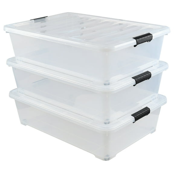 Gloreen 50 L Large Under Bed Storage Bin with Wheels, Clear Plastic Lidded Storage Box, 3 Pack