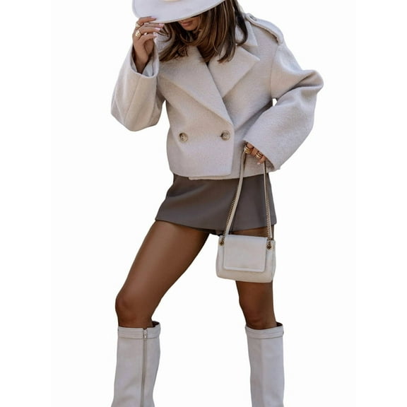 Women Crop Pea Coat Wool Blend Office Work Lapel Collar Short Winter Jacket Trench Coat Apricot Color M