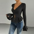 thumbnail image 2 of DAFPZW Womens Bell Sleeve Peplum Sweaters Fashion Fall V-Neck Button Down Elegant Ruffle Hem Sexy Slim Knit Tops Clothes, 2 of 6