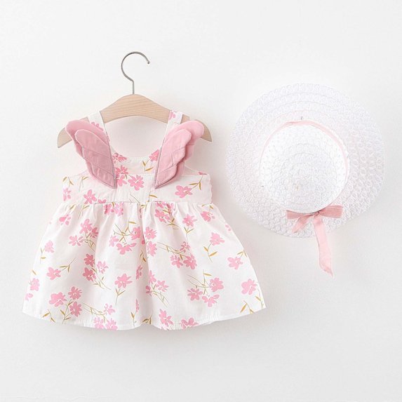 LoyisViDion Baby Girls Dress Clearance Toddler Child Baby Girl Summersolid Color Print Suspender Dress with Hat Pink 18-24months