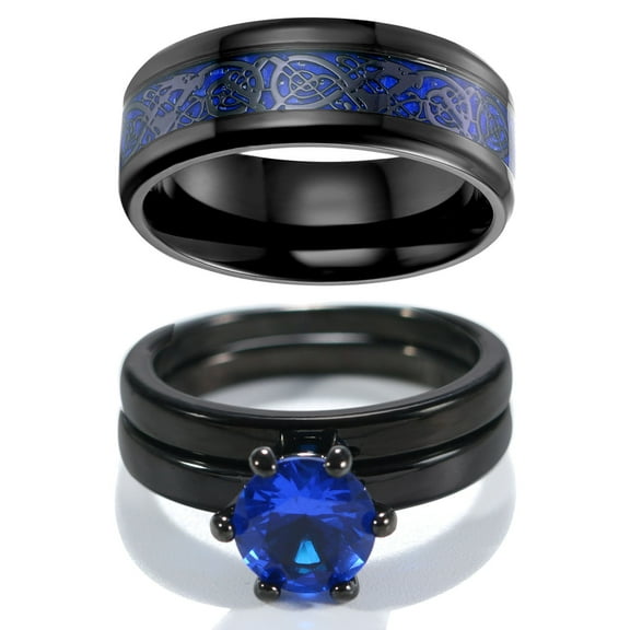 ringheart Matching Rings His and Her Rings Couple Rings Blue CZ Wedding Ring Sets for Him and Her Men and Women Ring