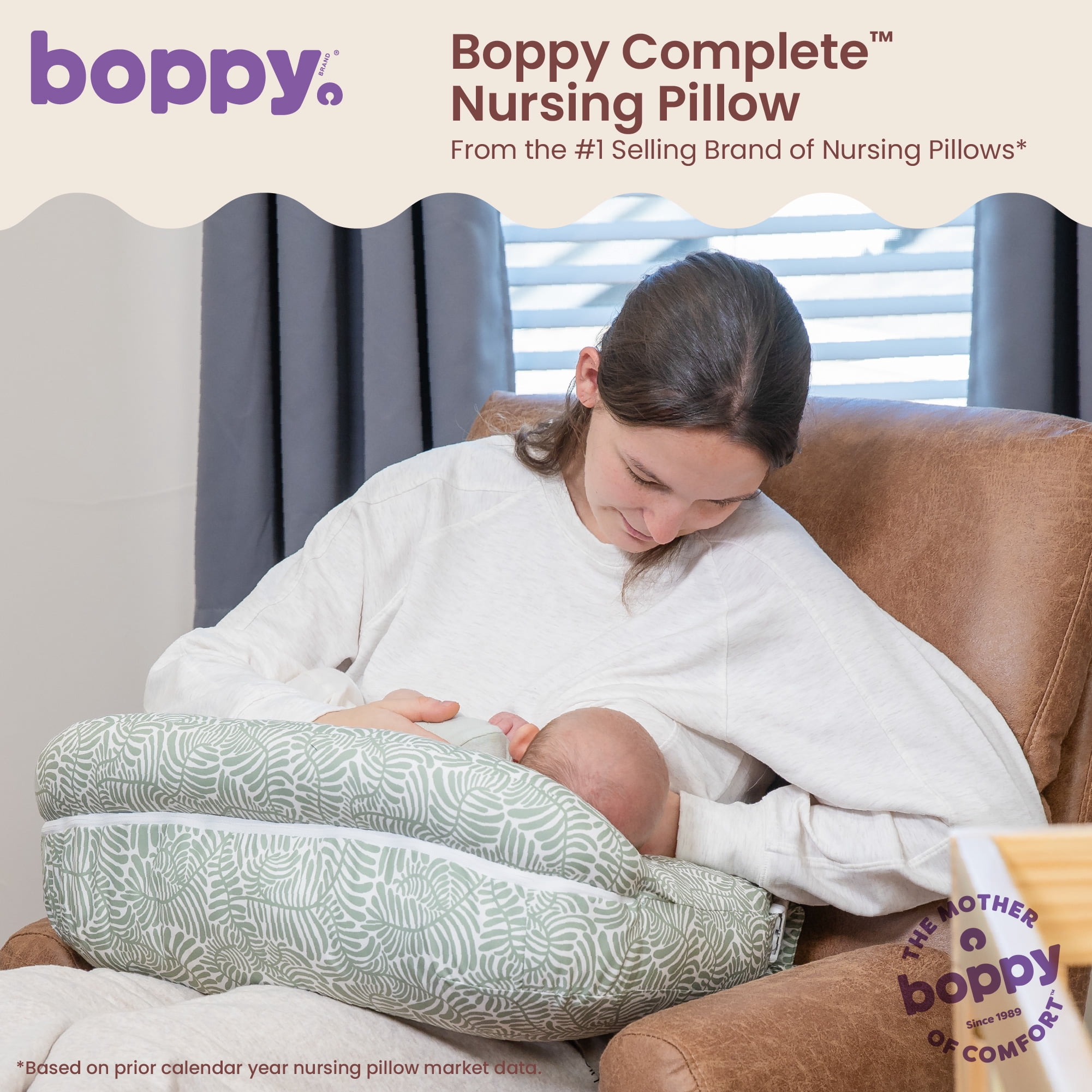 Boppy Complete Nursing Pillow – Ergonomic Bottle and Breastfeeding Pillow – 2-in-1 CloseComfort Design With Belt and Full-Length Positioning Bolster-Sage Green Vines