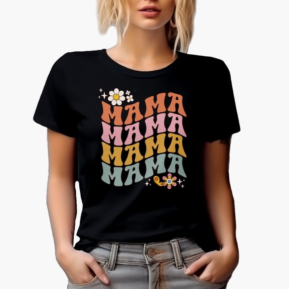 Mama with Cute Flowers & Butterfly, Motherhood or Mother's Day Themed, Groovy Retro Wavy Text Merch Gift, Black T-Shirt, Small
