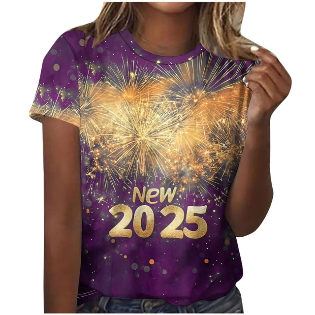 Camisetas Casuales de Mujer Año Nuevo Impreso Suéter de Manga Corta Cuello Redondo, Top de Moda para el Uso Diario