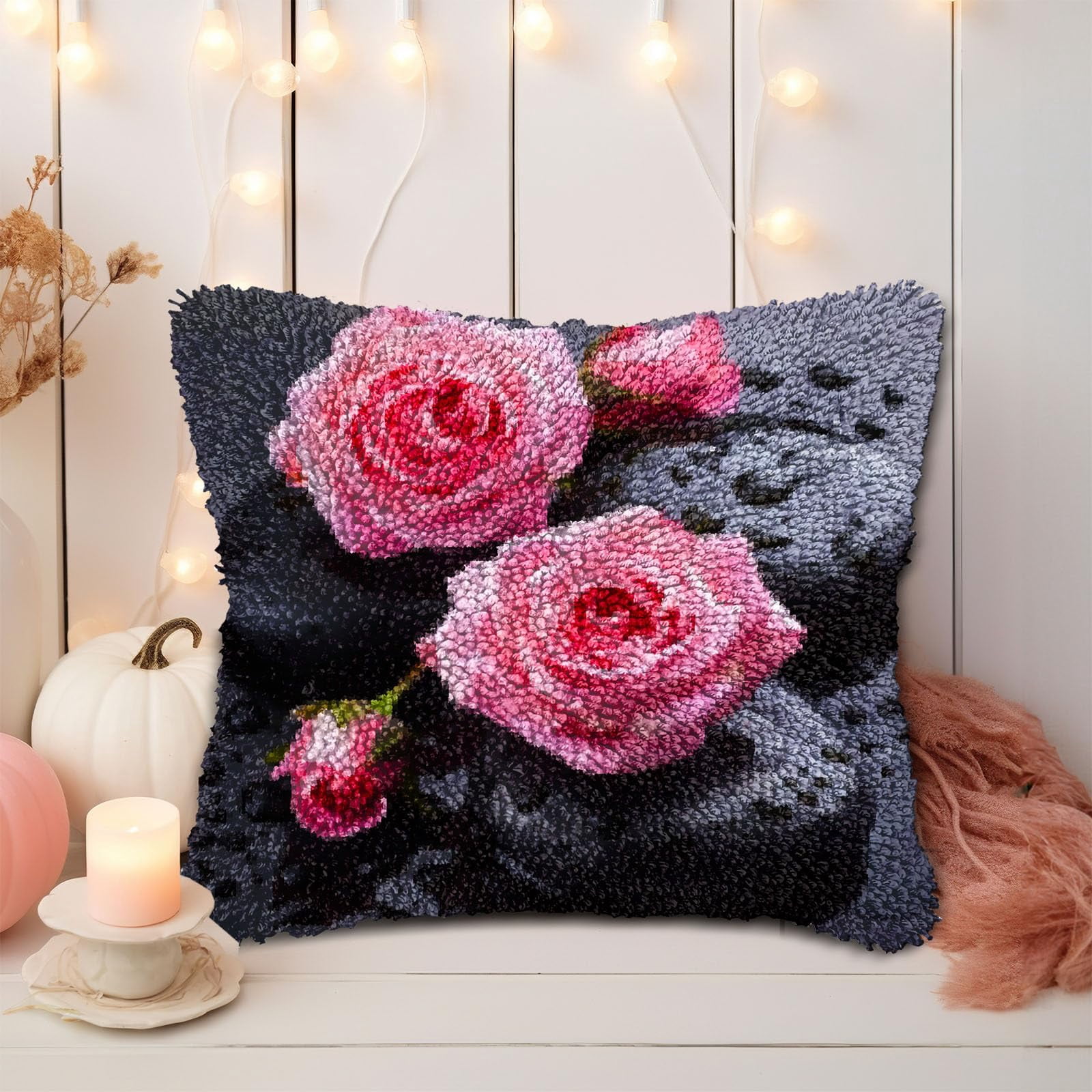 Roses and Black Stone DIY Latch Hook Pillow Kits for Adults Printed Pillowcase Crochet Yarns Hooking Handmade Pillow Cover Cushion for Home Sofa Decoration 17x17inch