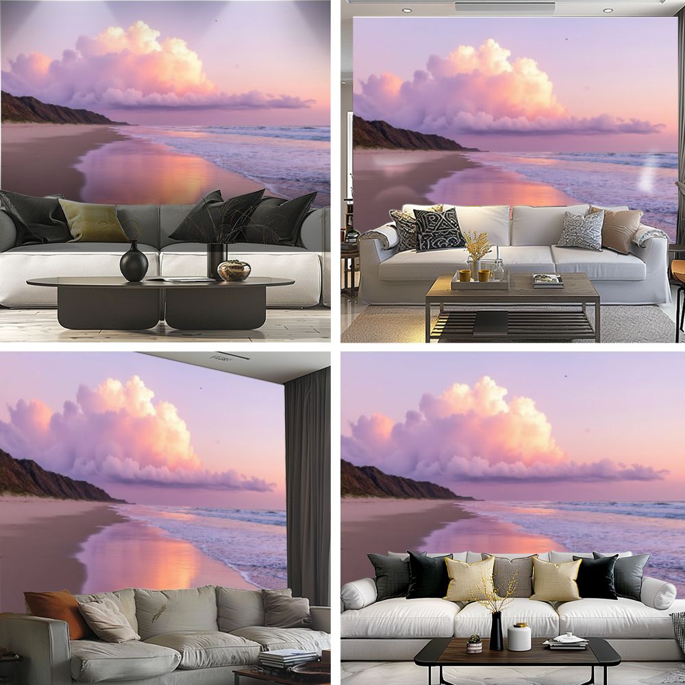 Peel and Stick Wallpaper Beach Pink Clouds Reflective Water Gentle Waves Distant Hills Pink Modern Art Wall Mural Decor Self Adhesive and Removable 69in x 98in