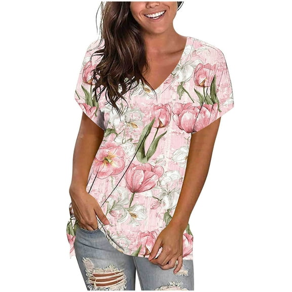 Youyipin Womens Tops Chiffon Blouses Dressy Casual Tops Summer Tunics V Neck Business Short Sleeve Shirts for Women