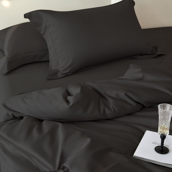 DCSKY 100% Cotton Duvet Cover Set, High Thread Count Luxury 3-Piece Bedding, Premium Black, Queen