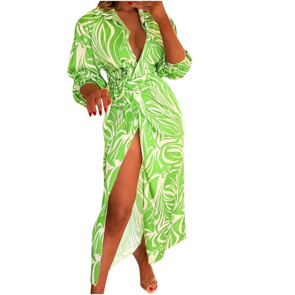 Holloyiver Women's V-Neck Long Sleeve Printed Split Dresses S-2XL