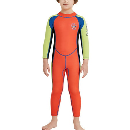 2.5MM Baby Kids One Piece Wetsuit Sun Protection Swimsuit for Diving Surfing Snorkeling Swimming Orange and green sleeve