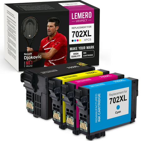 Replacement for Epson 702XL 702 XL T702XL Ink Cartridges Combo Pack for Workforce Pro WF3720 WF3733 WF3730 Printer ( Black Cyan Magenta Yellow  4-Pack) LemeroUexpect ink cartridge replacement for Epson 702 XL 702XL T702XL ink cartridge. Package contains 4-Pack ink cartridge for Epson 702 XL ink cartridges ( 1 x702XL Black ink cartridge T702XL120  1 x702XL Cyan ink cartridge T702XL220  1 x702XL Magenta ink cartridge T702XL320  1 x702XL Yellow ink cartridge T702XL420). Estimated Page yield is up to 1 100 pages per 702XL black cartridge  950 pages per 702XL color cartridge at 5% coverage (Letter/A4). For use with Epson WorkForce Pro WF3720 / WF3730 / WF3733 All-in-One Printer. Our ink cartridges are formulated to provide crisp text quality prints with true-to-life color. Our products are made in an ISO 9001 and ISO 14001 certified facility  to ensure that they will be easy to install  be completely compatible with your printer  and will print sharp text and vivid colors.