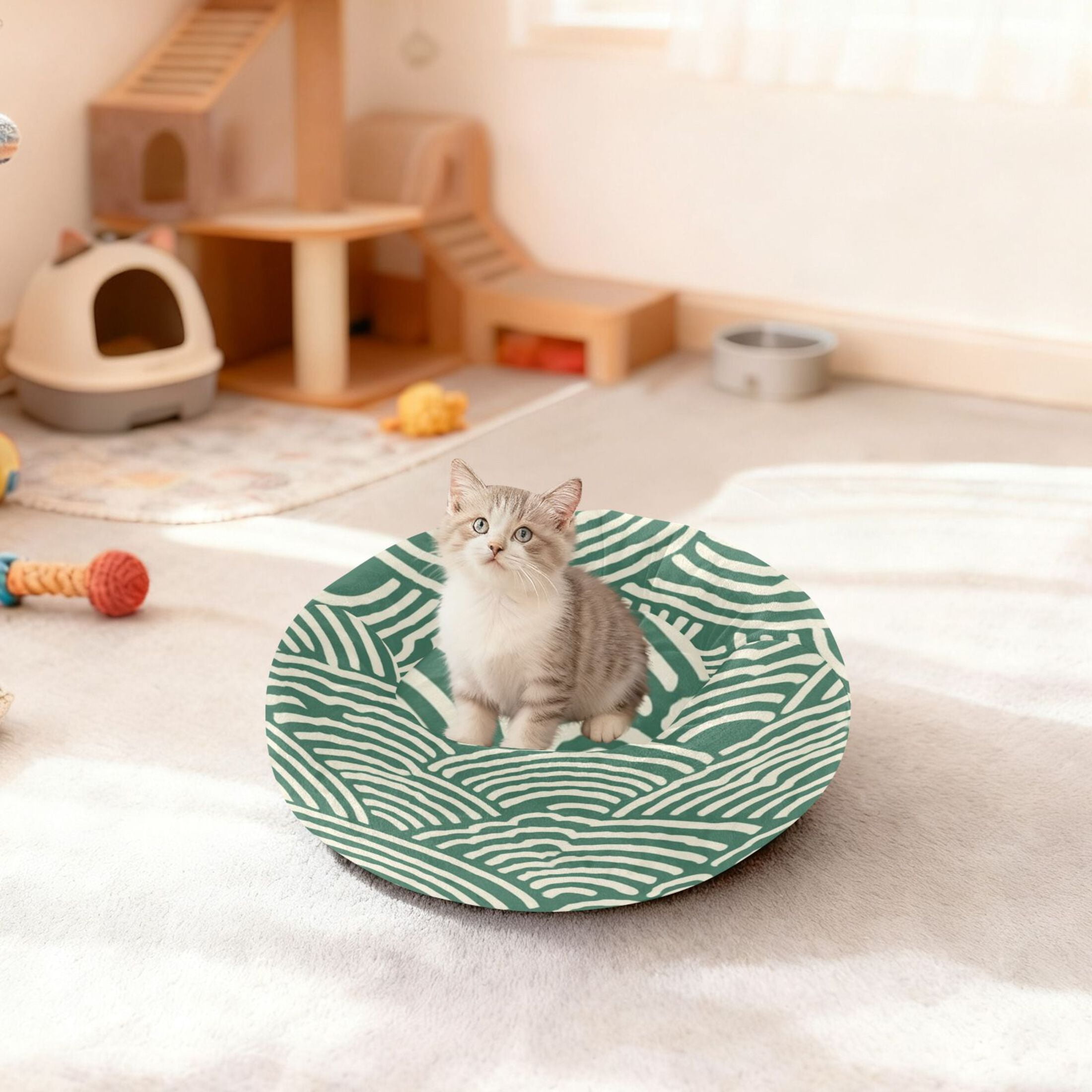 Iauyy Pet Couch Donut Cat Bed for Indoor Cats/Small Dogs Washable & Machine with Non-slip Bottom Calming Cat Furniture, Japanese Wave Pattern (M)