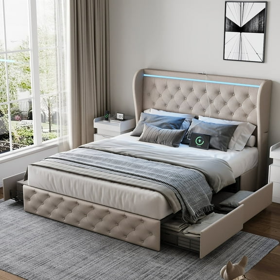 Upholstered Full Size Platform Bed Frame with 4 Storage Drawers and Wooden Slats,White