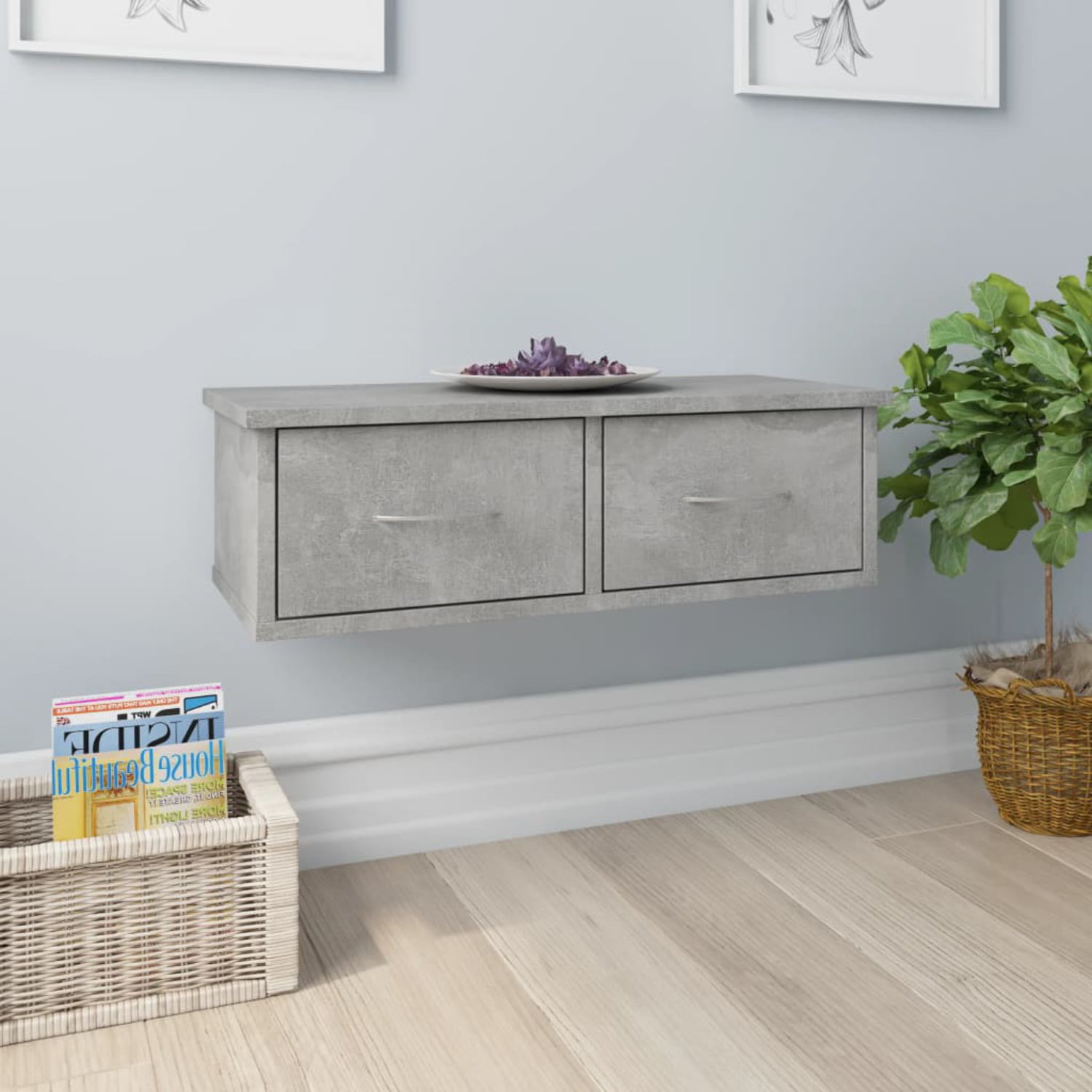 vidaXL Wall-mounted Drawer Shelf Floating Concrete Gray 23.6" Chipboard Side 