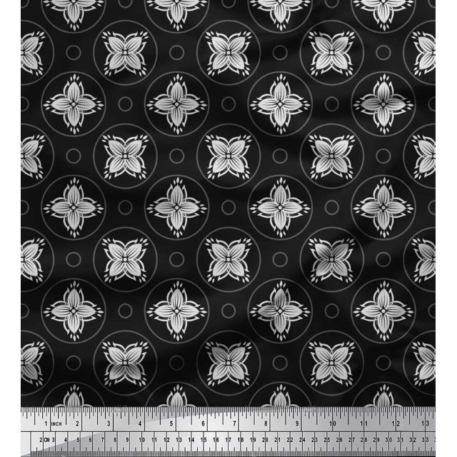Soimoi Japan Crepe Satin Fabric Circle & Floral Artistic Print Fabric by the Yard 42 Inch Wide