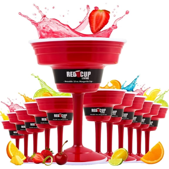 Reusable Red Plastic Stemmed Margarita Glasses, 15 oz, Drinkware Set of 12