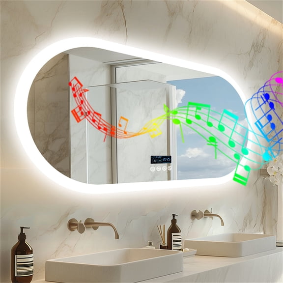 LUVODI 47.24”x23.62” Long Oval Bluetooth Bathroom Mirror LED Lighted Bathroom Makeup Mirror Dimmable, Digital Display, Backlit, Anti-Fog