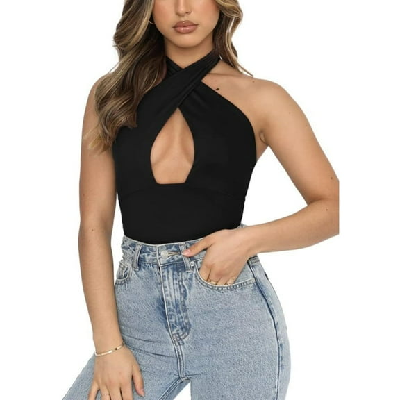 SMZ Women's Trendy Sexy Criss Cross Halter Neck Sleeveless Thong Bodysuits Tops Clubwear