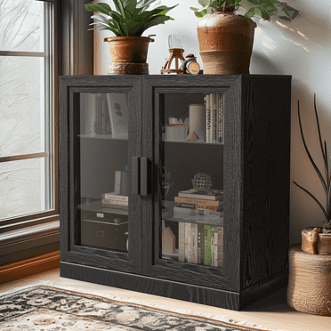 31"x31"x16" Modern Rectangle Wood Storage Cabinets with Glass Door for Livingroom,Black