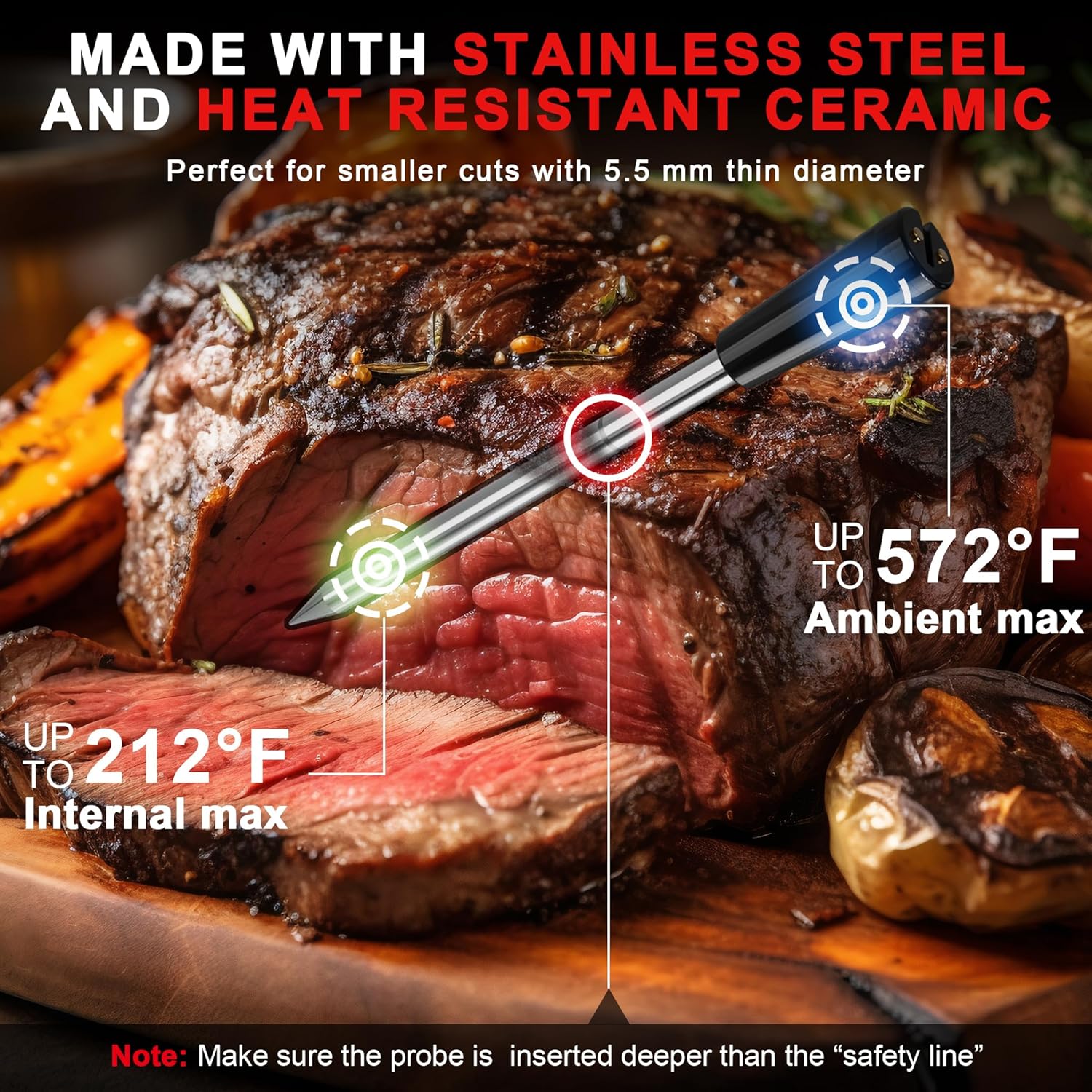 Cooking Thermometer with Dual Sensors for Oven Grill BBQ  Fryer, Wireless Meat Probe with App Control and Rechargeable Battery