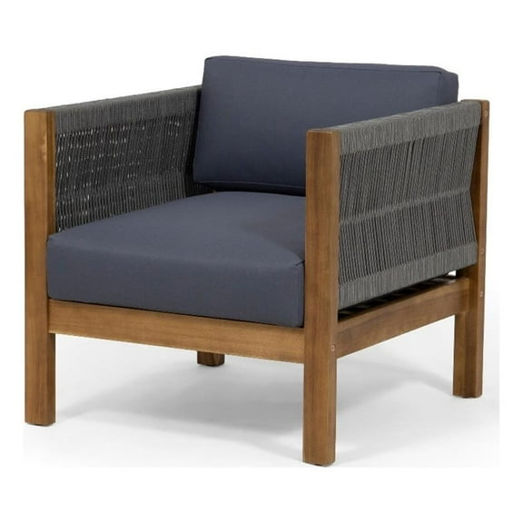 Club Lounge Chair, Woven Rattan Rope, Brown Acacia Wood, Gray Fabric