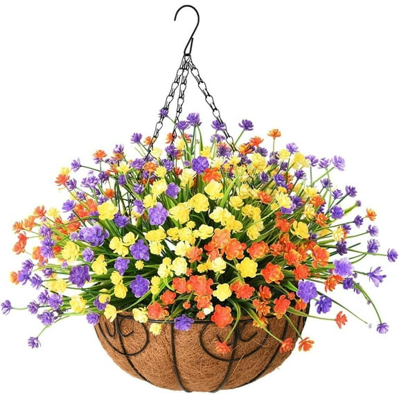 Artificial Hanging Flowers in Basket for Patio Garden Decoration,Artificial Daisy Arrangement,Fake Plants in 12 inch Coconut Lining Basket for Outside Summer Decor(Multicolor)