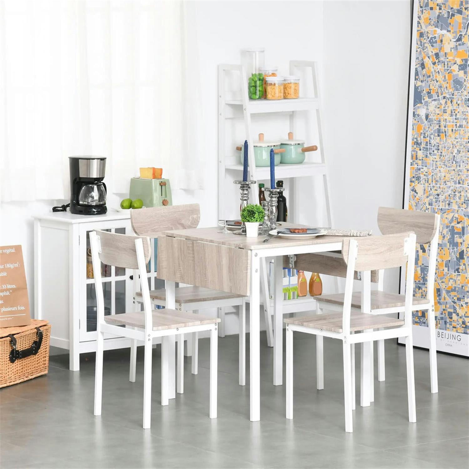 Demi Bonn 5 Piece Dining Table Set for Small Spaces, Extendable Kitchen Table and Chairs for 4 Dining Room Set with 2 Drop Leaf, 4 Chairs, White