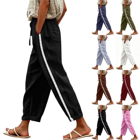ClodeEU Women s Elastic Waist Linen Harem Pants Casual Loose Fit Cropped Trousers with Drawstring Light Blue Women s Plus XL