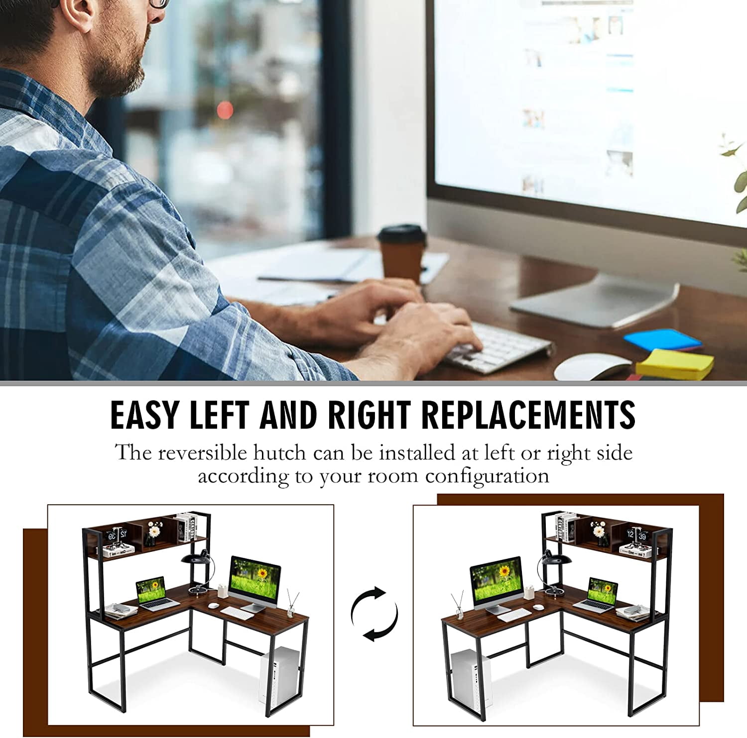 Neatifyes Reversible L-Shaped Desk with Hutch, Space Saving Corner Computer Desk with Storage Shelves, Home Office Study Writing Desk Computer Workstation with Storage Bookshelf, Gaming Desk