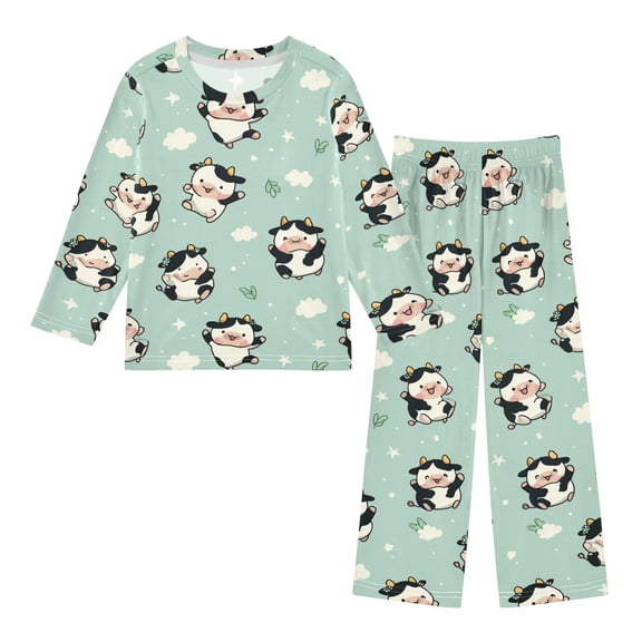 Cute Cow Cozy Soft Long Sleeves Top and Pants 2 Piece Cool Pjs Pajamas Set Sleepwear Size 3-11Y