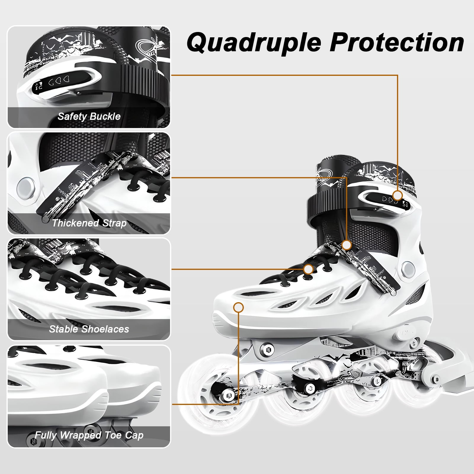 LPAMEOIU Youth Inline Skates with Light-Up-Wheel,Adjustable-Size Roller Skates for Girl Boy Teen(White,M)