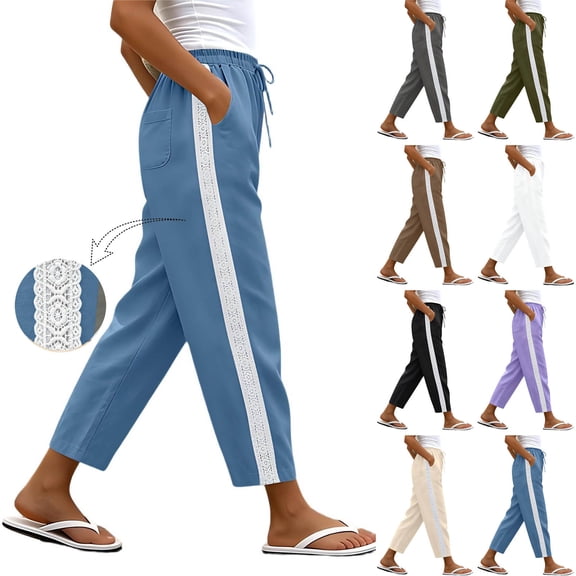 Women's Cotton Linen Blend Straight Leg Pants, Elastic Waist Pull On with Functional Side Pockets, Loose Fit, Comfy Casual Trousers for Spring Fall Office Outings, Lightweight
