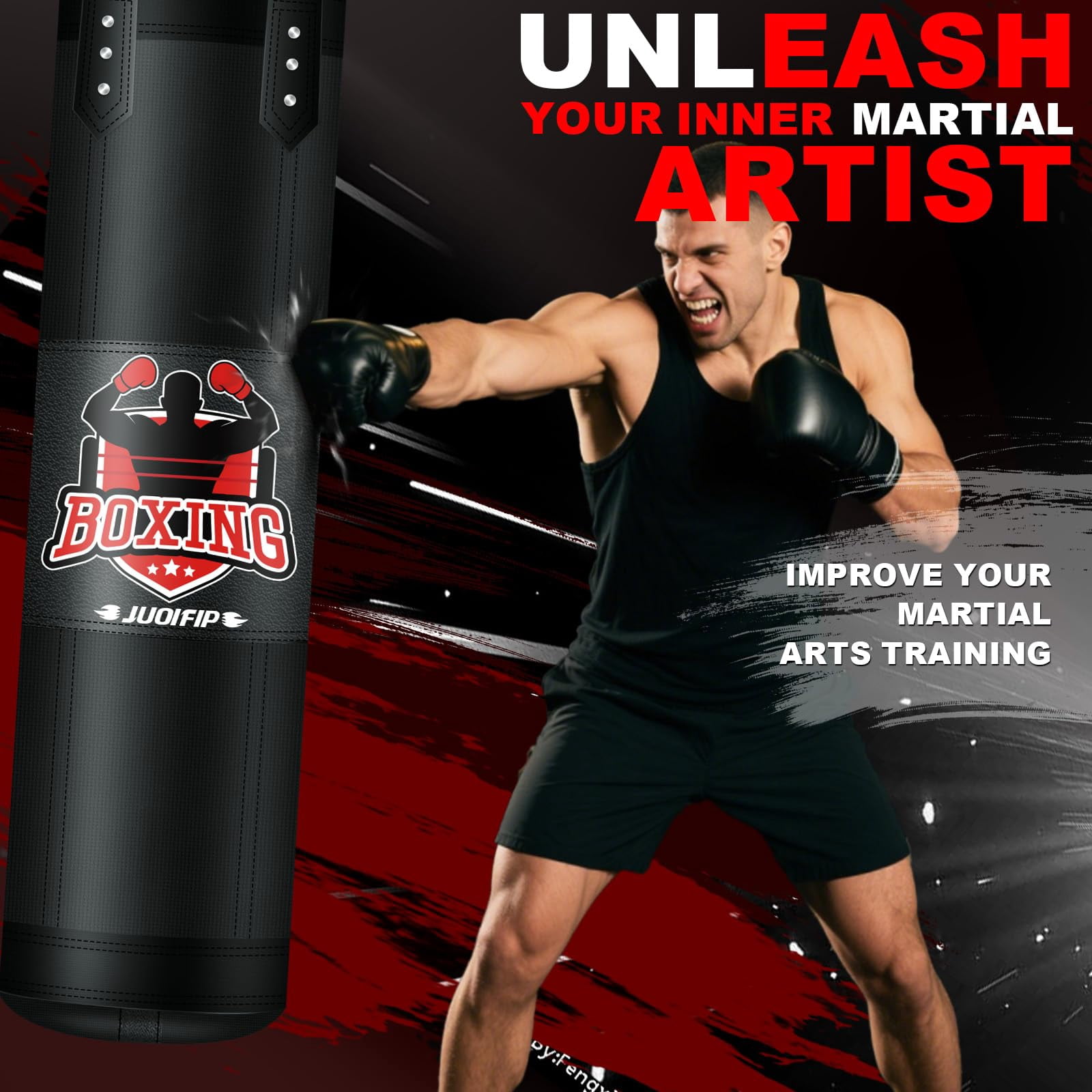 Hanging Punching Bag for Adults, 4FT PU Heavy Boxing Bag Set with 12OZ Gloves with Chain Ceiling Hook Suitable for Home Gym MMA Karate Kickboxing Boxing Muay Thai Training(Unfilled)