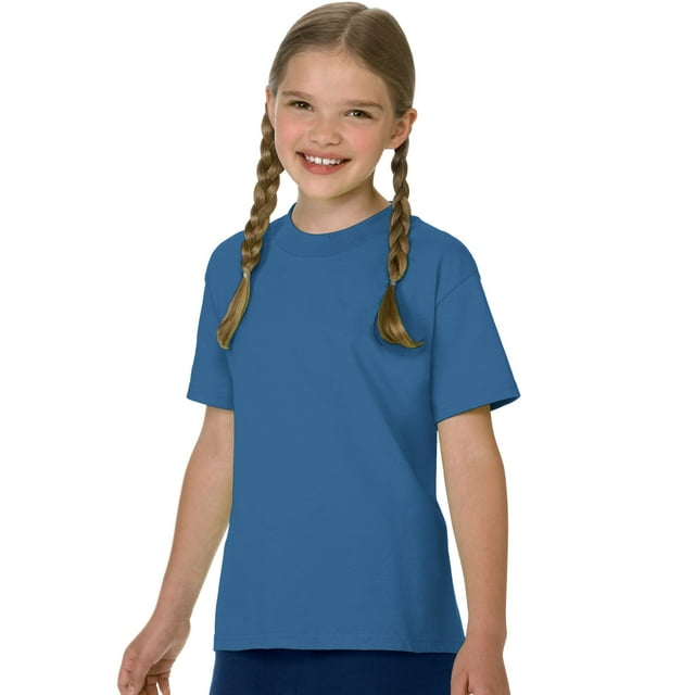 Hanes T-Shirt en Coton pour Enfant Authentique Sans Étiquette, s, Bleu Denim