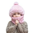 thumbnail image 3 of lnmuld Solid Kids Pom Pom Fuzzy Trapper Hat Integrated Neck Warmer Windproof Winter Hat for Boys Girls Pink,One Size, 3 of 4