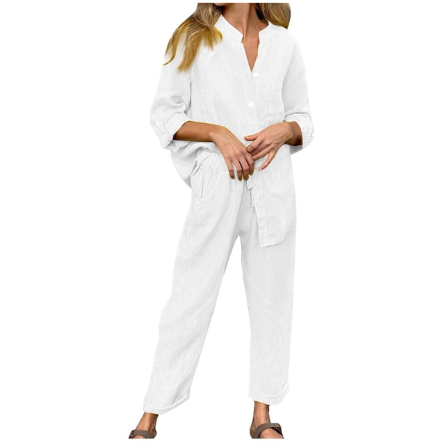 Timegard Plus Size Outfits for Women Button up Long Sleeve V Neck Tops Straight Wide Leg Pants with Pockets Lounge Sets