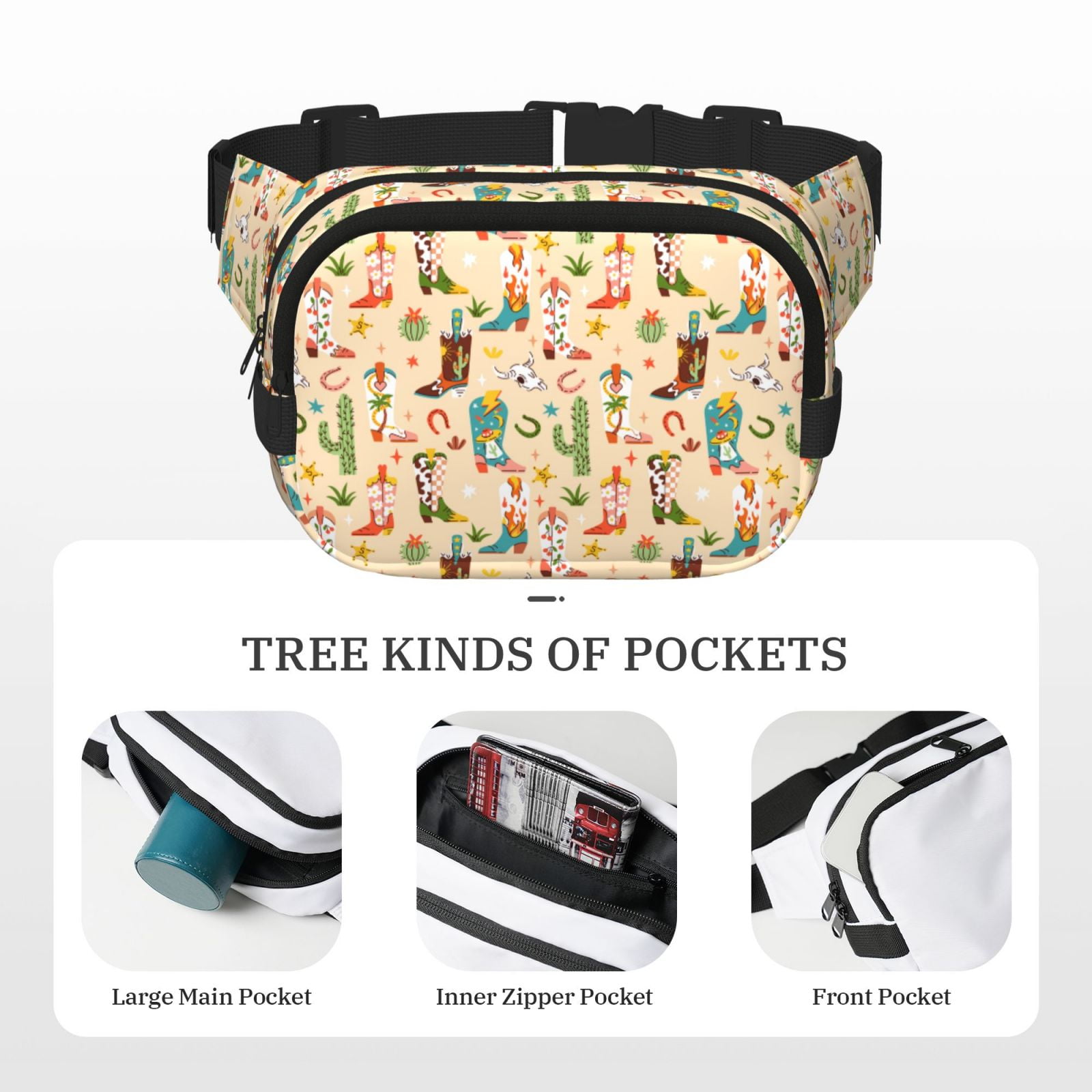 Kuqiui Groovy American Western Footwear Print Fanny Packs for Women Cross Body Waist Bag Fashionable Fanny Pack Designer Workout Hiking Waist Pack Running Travel Gym