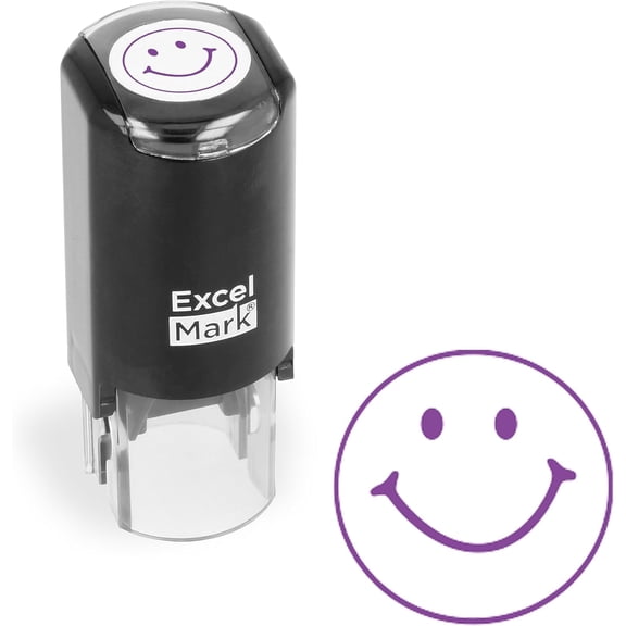 ExcelMark Smiley FACE - Self-Inking Round Teacher Stamp - Purple Ink