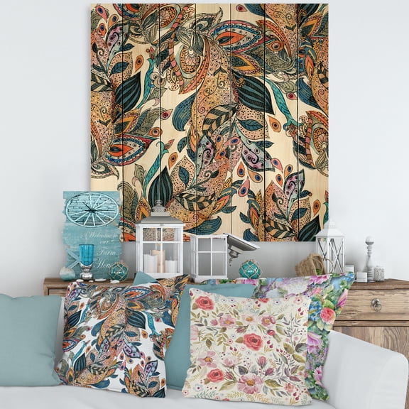 Designart 'Floral Seamless Abstract Texture Pattern' Traditional Print on Natural Pine Wood