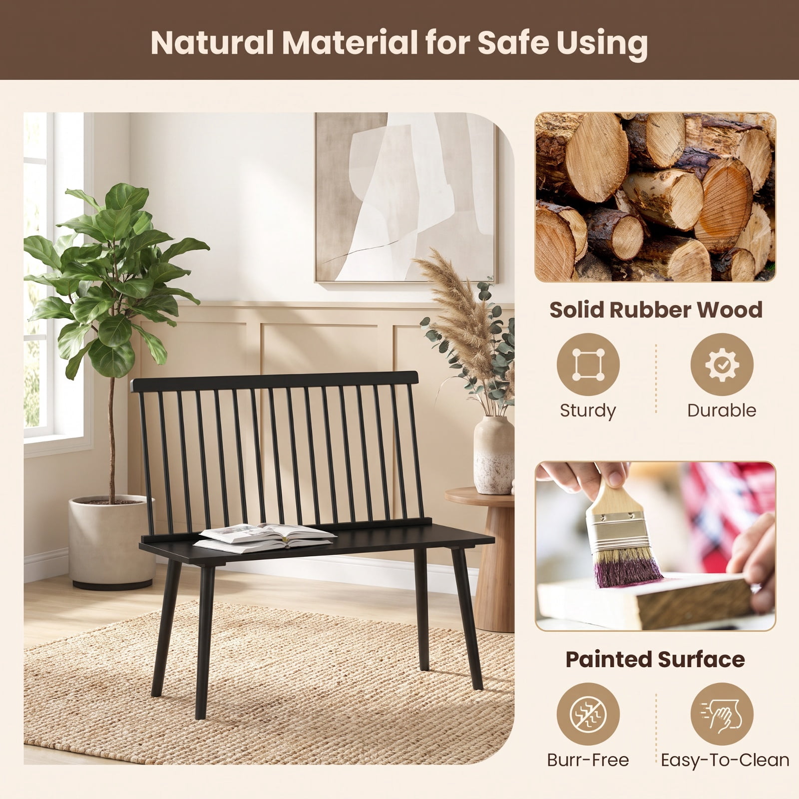 Furnibear Entryway Bench for 2 with Spindle Back for Kitchen Dining Room and Hallway