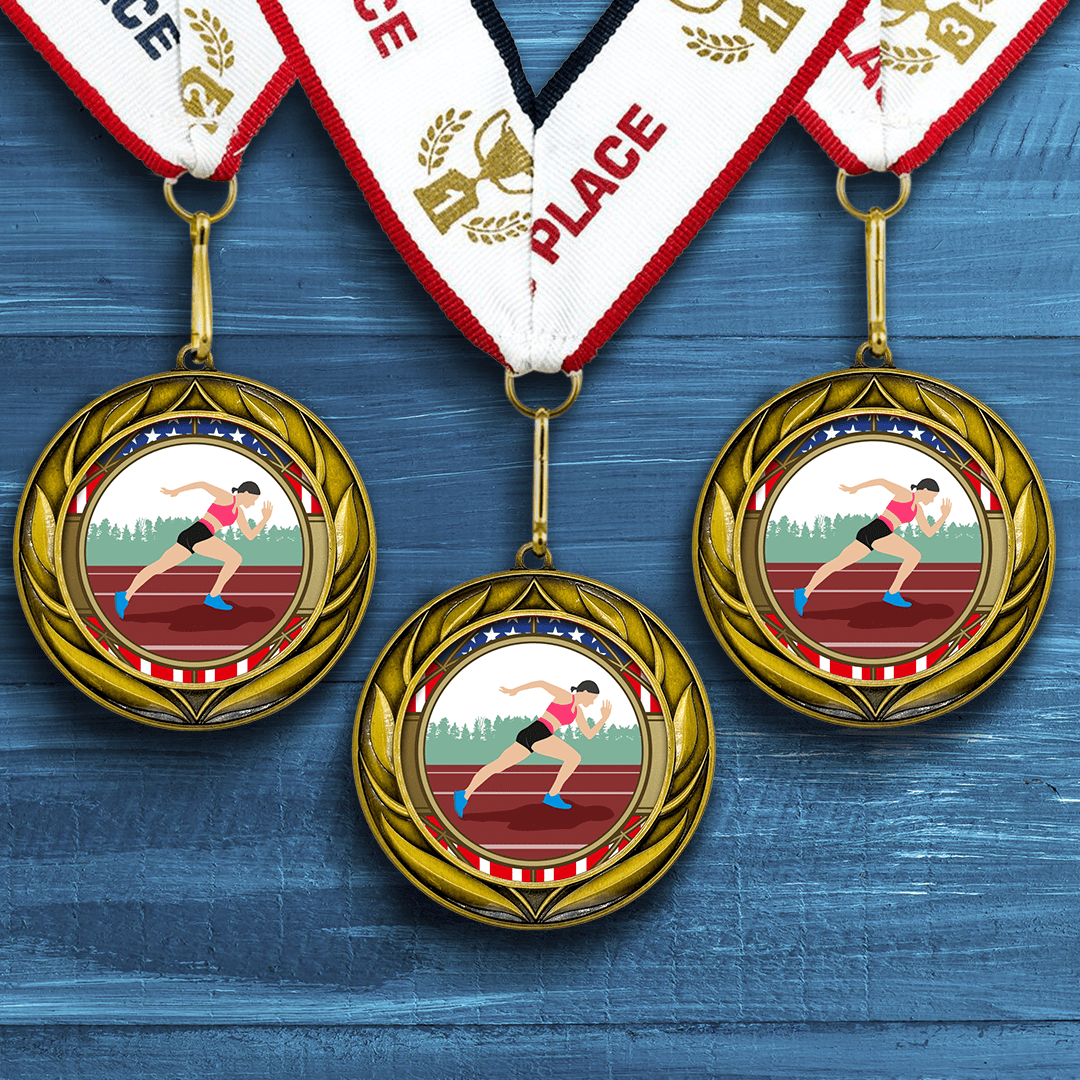 All Quality Wreath Design Track and Field Medal (female) | Competition | High Quality Metal Medal - 1st, 2nd, 3rd Place - 9 Piece Set (3 Pack)