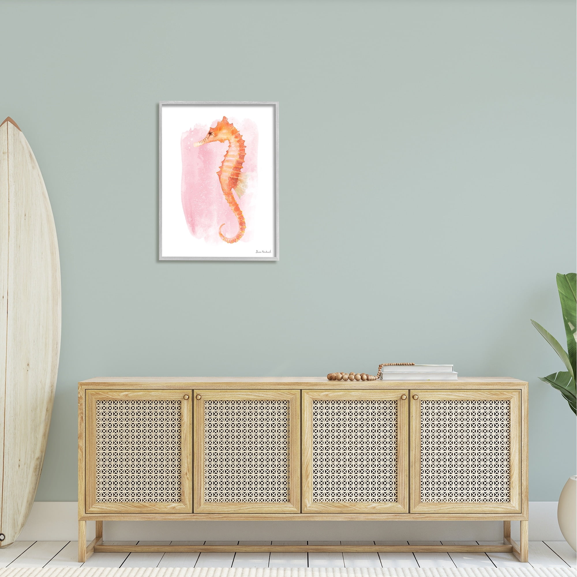 Stupell Industries Gentle Orange Seahorse Speckled Pink Watercolor Detail Painting Gray Framed Art Print Wall Art, Design by Diane Neukirch