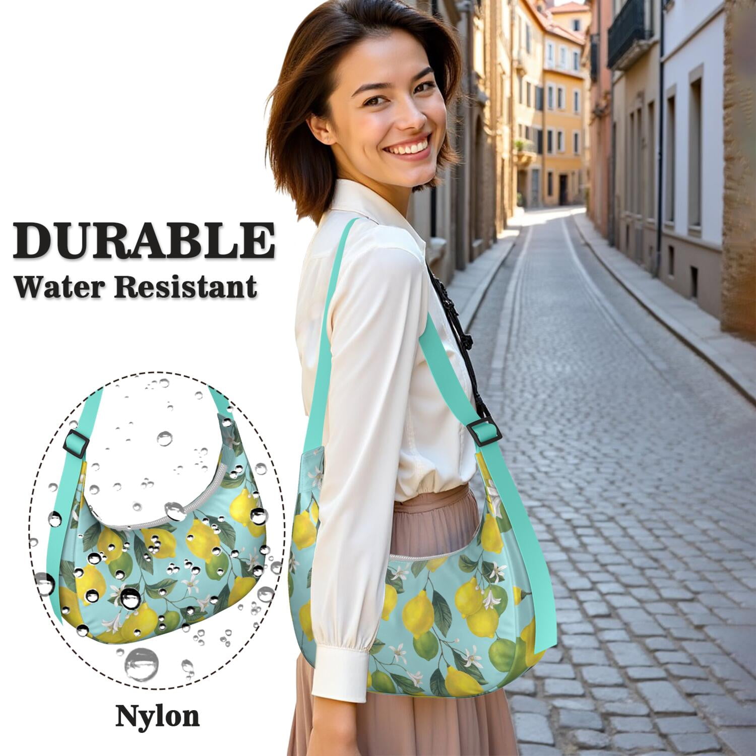 Summer Lemon Pattern Nylon Hobo Bag for Women, Bright Yellow Lightweight Shoulder Purse, Retro Crossbody Tote Handbag, Water-Resistant and Durable for Travel