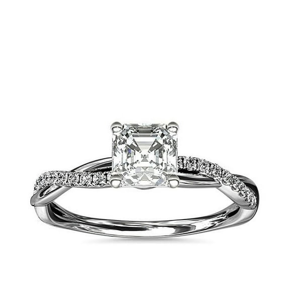 0.75 Carat Asscher Cut Genuine Diamond Beautiful Solitaire with Accents Wedding Ring for her Solid 14K White Gold Size 7